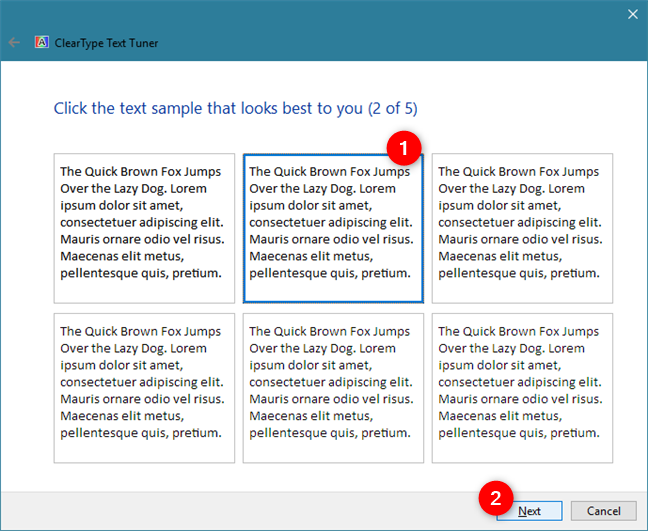 ClearType テキスト チューナーは、5 セットのテキスト サンプルを表示します