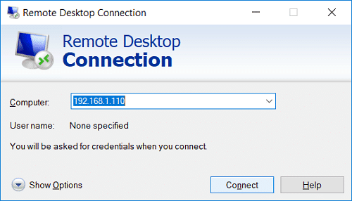 PC のコンピューター名または IP アドレスを入力し、[接続]をクリックします。