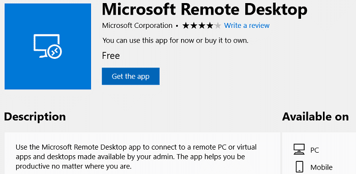 [入手]をクリックして、リモート デスクトップ アプリケーションをインストールします。  Windows 10 でリモート デスクトップ接続をセットアップする方法
