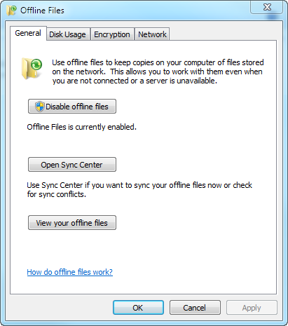 Windows 7 でオフライン ファイルと同期センターを無効にする