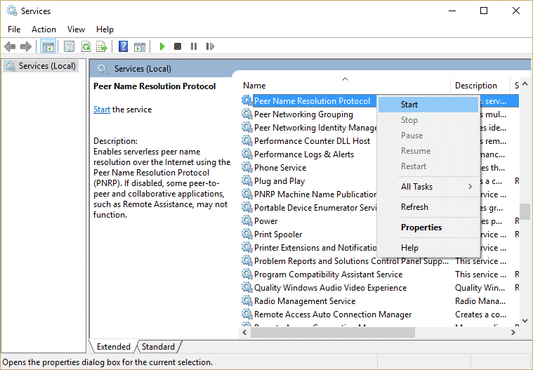 Peer Name Resolution Protocol サービスを右クリックし、[開始]|[開始]を選択します。  Windows は、このコンピューターにホームグループをセットアップできません [SOLUCIONADO]