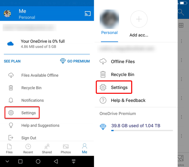 OneDrive for Android または iOS で設定を開く
