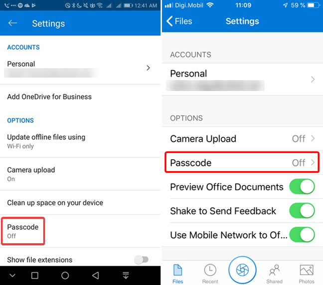OneDrive for Android または iOS でパスコード設定を開きます