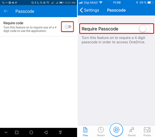 OneDrive for Android および iOS でパスコードを有効にする