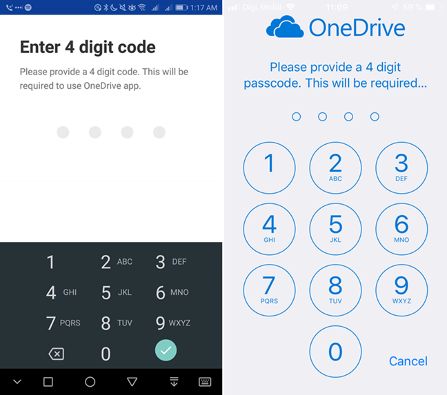 OneDrive for Android または iOS でパスコードを選択する