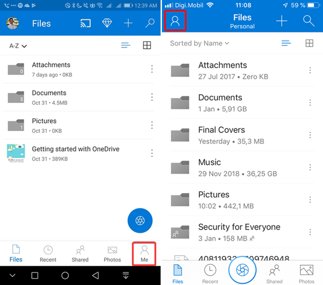 Android および iOS 用の OneDrive で[自分を開く]アイコン