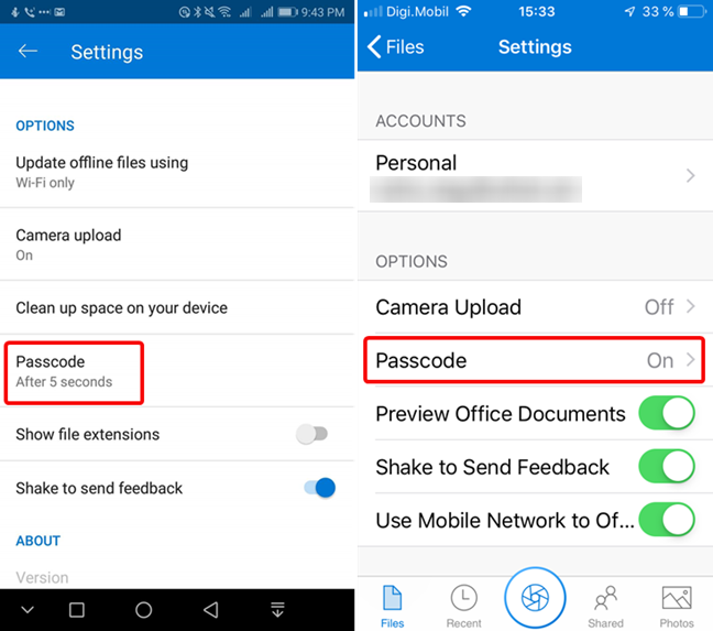 OneDrive for Android および iOS でパスコード設定を開く