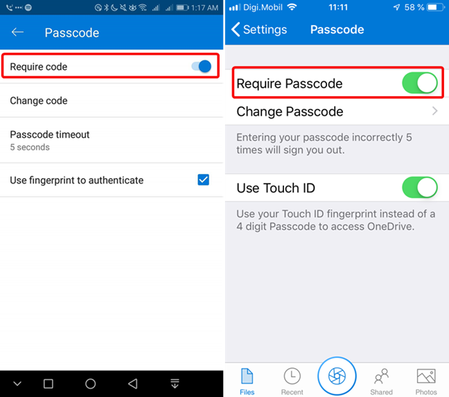 OneDrive for Android および iOS でパスコードをオフにする