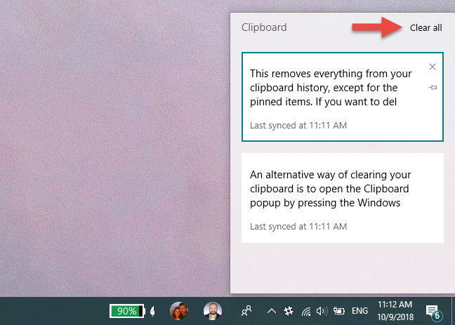 クリップボード履歴ウィンドウを使用して、クリップボード上のデータを消去する