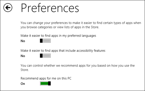 Windows 8.1、アプリケーション、ストア、設定、アクセシビリティ、言語、推奨事項