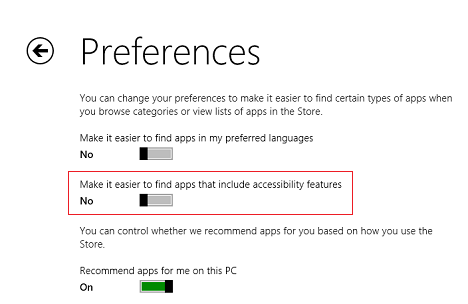 Windows 8.1、アプリケーション、ストア、設定、アクセシビリティ、言語、推奨事項