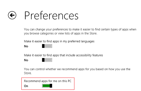 Windows 8.1、アプリケーション、ストア、設定、アクセシビリティ、言語、推奨事項
