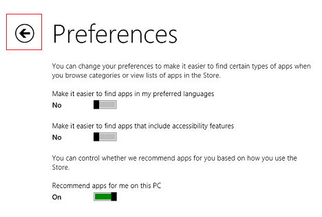 Windows 8.1、アプリケーション、ストア、設定、アクセシビリティ、言語、推奨事項