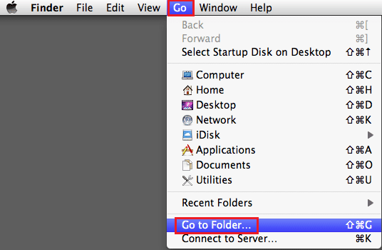 FINDER から GO メニューに移動し、「Go to Folder」を選択します。