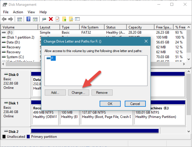 ディスクの管理、Windows、ドライブ文字