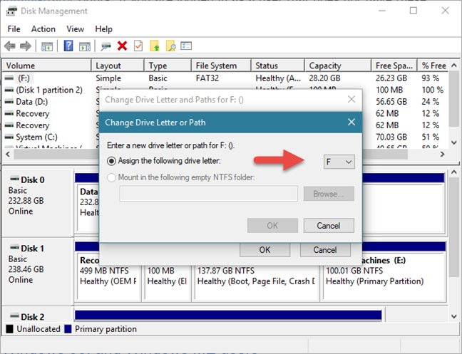 ディスクの管理、Windows、ドライブ文字