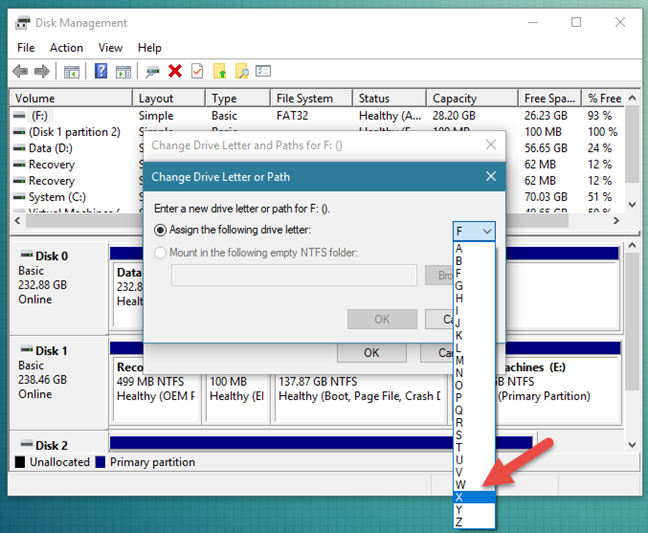 ディスクの管理、Windows、ドライブ文字