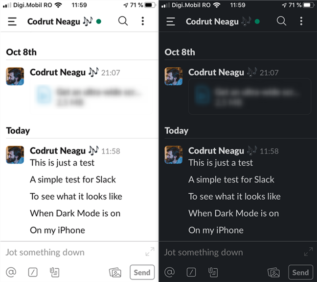 明るい外観と暗い外観の iOS 用 Slack アプリ