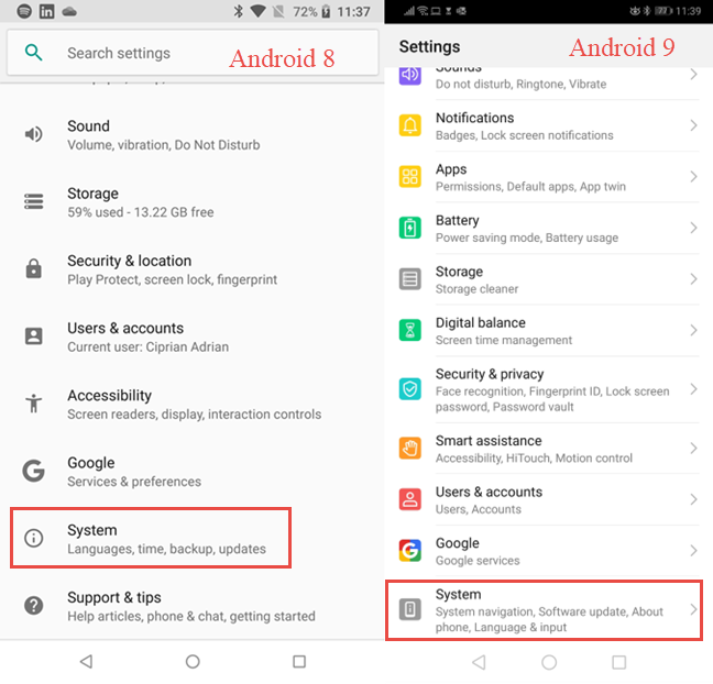 Android 設定の[システム]エントリをタップします