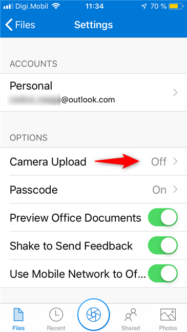 OneDrive for iOS のカメラ アップロード エントリ