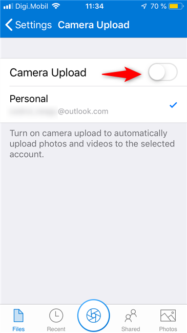 iPhone の OneDrive カメラ アップロード スイッチ