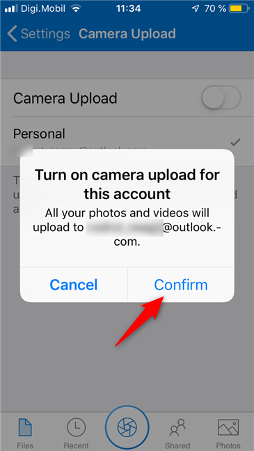 OneDrive for iPhone へのカメラ ロールのアップロードを有効にする