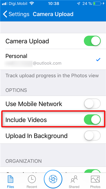 OneDrive バックアップに動画を含めるかどうかを選択します