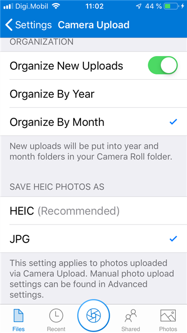 iPhone 用 OneDrive アプリで組織オプションをアップロードする