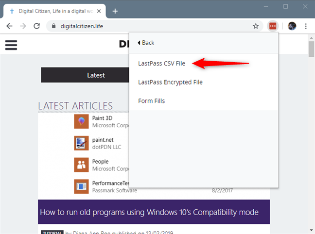 パスワードを LastPass CSV ファイルとしてエクスポートすることを選択します