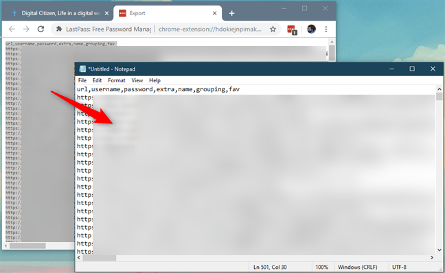 メモ帳または別のテキスト エディターを使用して、LastPass のパスワードを新しいテキスト ファイルにコピー アンド ペーストします。