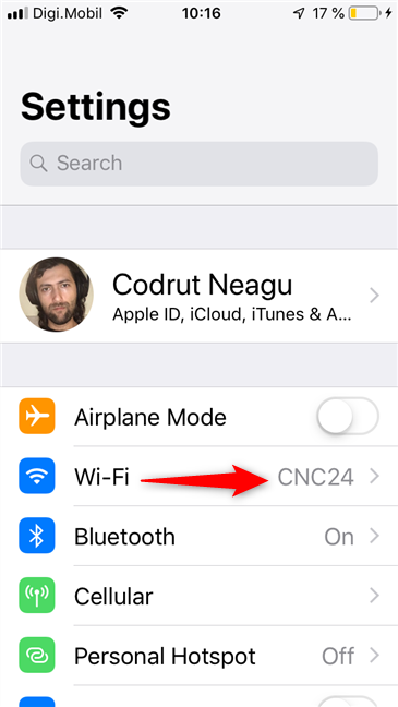 iPhone の設定アプリの Wi-Fi エントリ