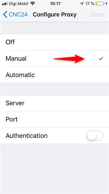 iOS でプロキシ サーバーを手動で構成するためのスイッチ
