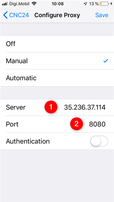 iOS でのプロキシ サーバーとポートの設定