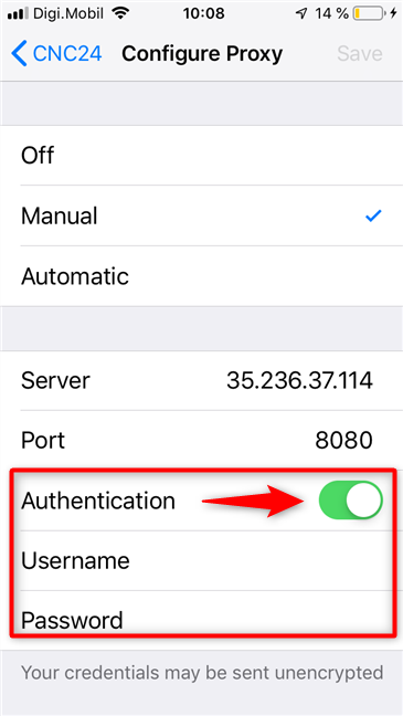 iOS のプロキシ サーバーの認証設定