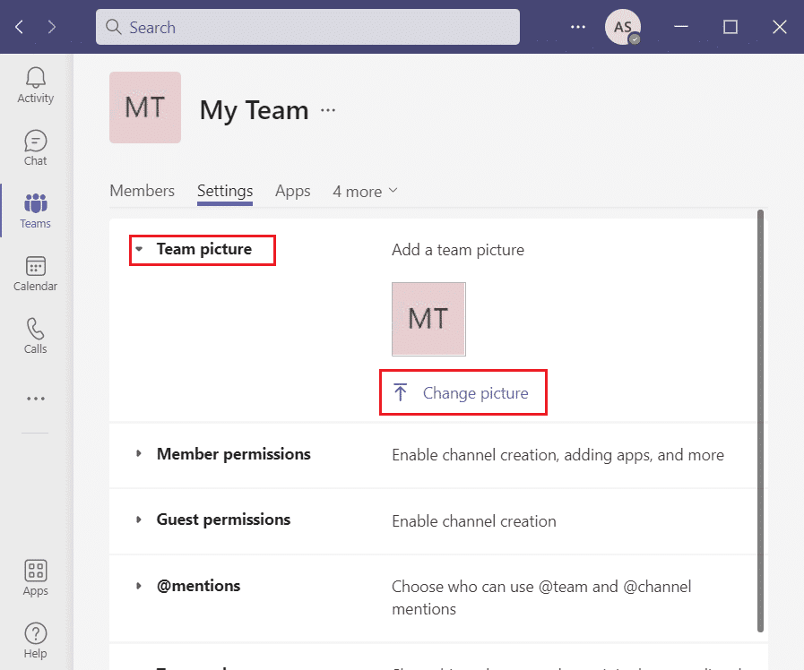 チームの写真をクリックし、Microsoft Teams で写真を変更するオプションを選択します