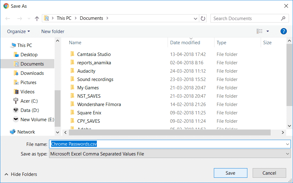 Chrome パスワード リストを保存する場所に移動し、[保存]をクリックします。