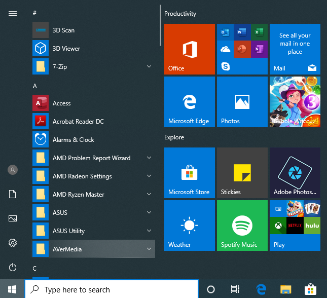 すべてのアプリを含む Windows 10 のスタート メニュー