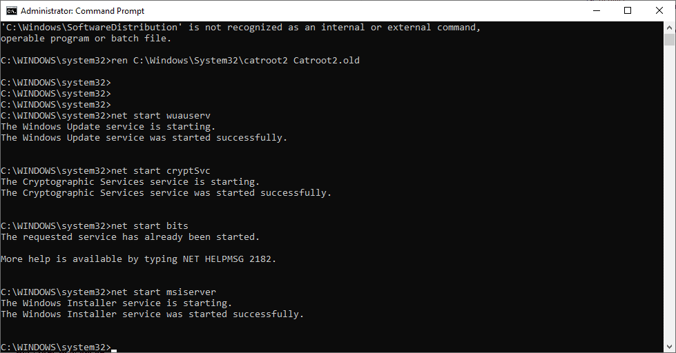 net start wuauserv net start cryptSvc net start ビット net start mserver