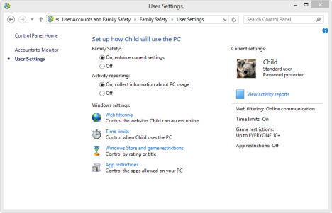 Windows 8 のファミリー セーフティ
