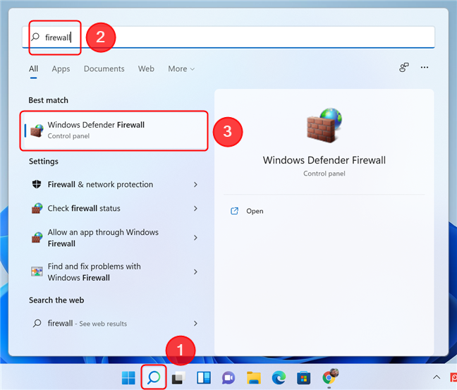 Windows 11 で検索を使用して Windows Defender ファイアウォールを開く