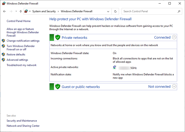 Windows Defender ファイアウォール ページ
