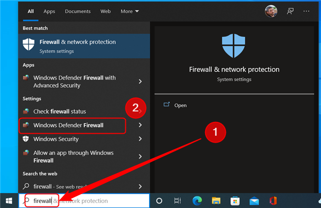 検索機能を使用して、Windows 10 で Windows Defender ファイアウォールを開きます