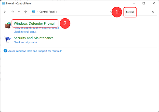コントロール パネルの検索ボックスを使用して、Windows Defender ファイアウォール ページを見つけます。