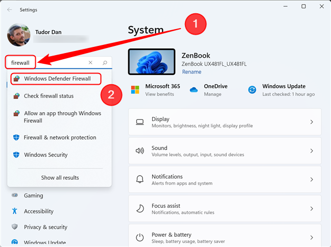Windows 11 の設定アプリで Windows Defender ファイアウォールを探します。