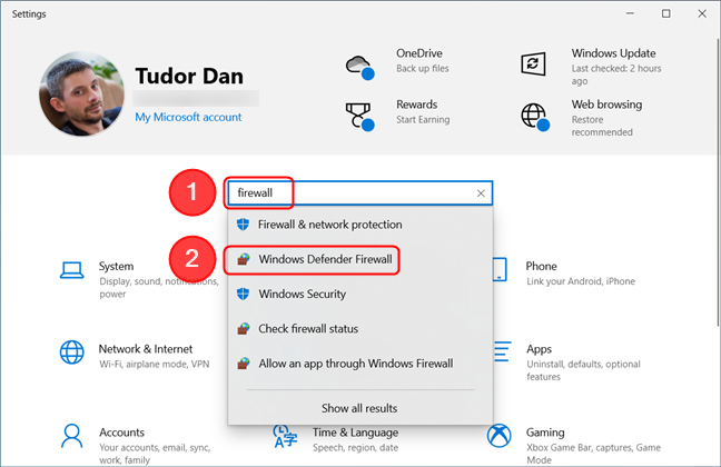 設定アプリを使用して Windows Defender ファイアウォールを見つける方法は、Windows 10 と似ています。