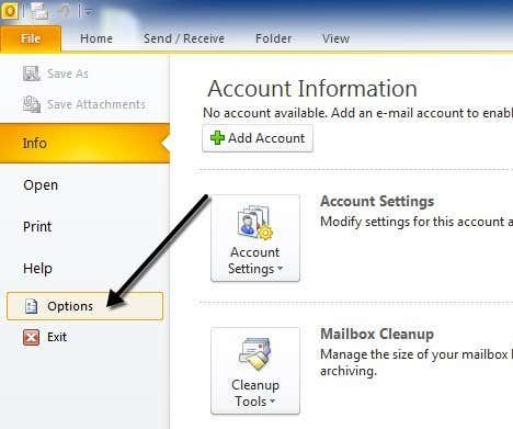 Outlook ファイル オプション