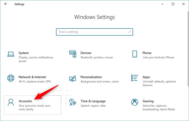 Windows 10 設定のアカウント カテゴリ