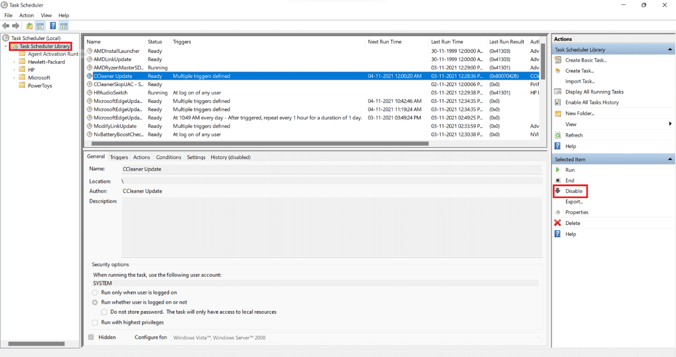 タスク スケジューラ ウィンドウでアプリケーションを無効にします。 Windows 11 でスタートアップ プログラムを無効にする方法