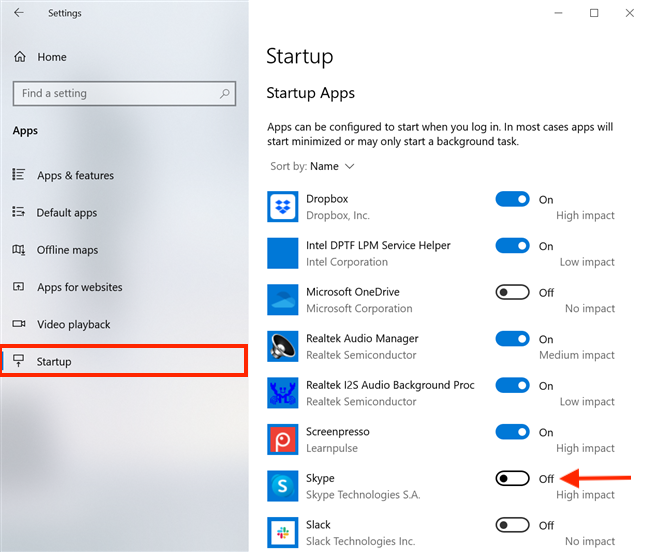 スイッチをオフにして、起動時に Skype を無効にします