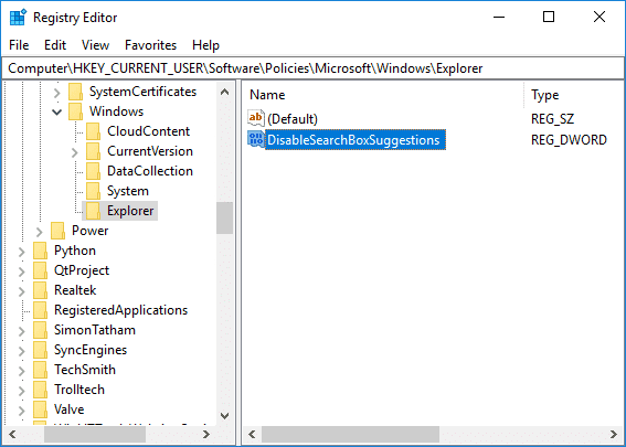 この新しく作成された DWORD に DisableSearchBoxSuggestions という名前を付けて、Enter キーを押します。